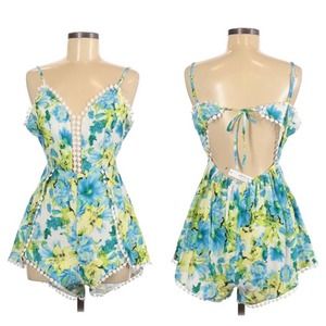 NWT Anthropologie Ark & Co Floral Dotted Spring Crochet Green Romper S